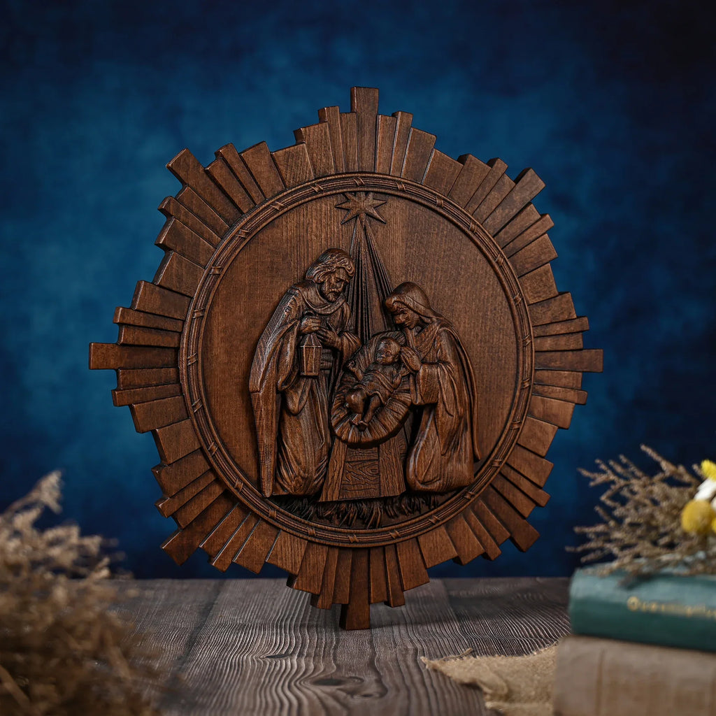 Presépio Jesus, Maria e José em Madeira Maciça