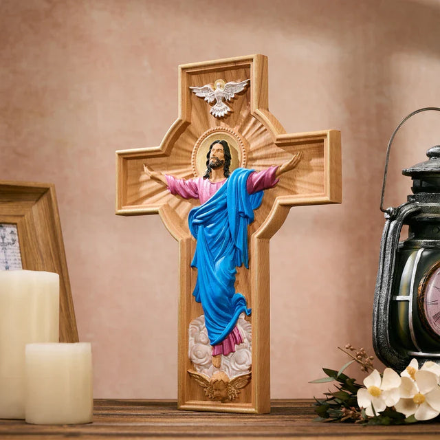 Cruz Ascensão de Cristo em Madeira Pintada à Mão com detalhes do relevo