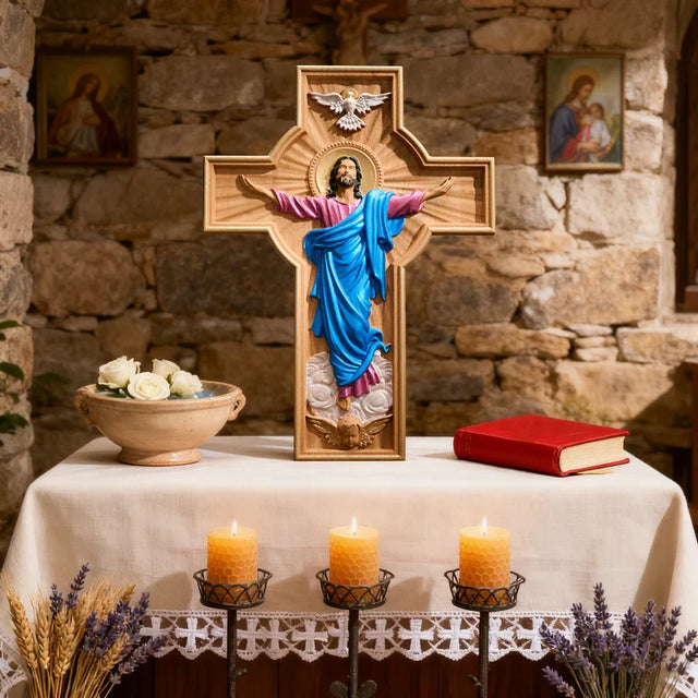 Cruz Ascensão de Cristo em Madeira Pintada à Mão com vista aproximada