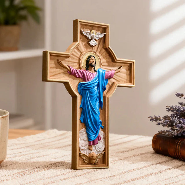 Cruz Ascensão de Cristo em Madeira Pintada à Mão em detalhes