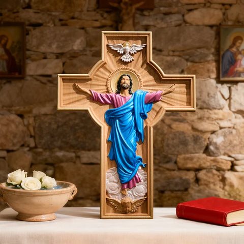Cruz Ascensão de Cristo em Madeira Pintada à Mão