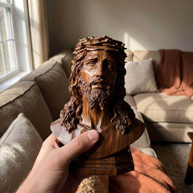 Escultura Jesus Coroado de Espinhos em Madeira Maciça com detalhes da madeira