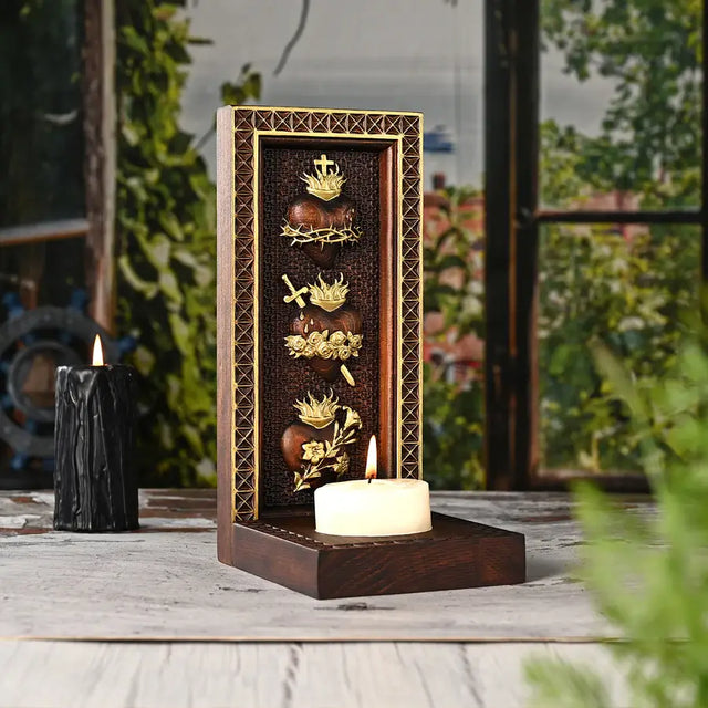 Porta-Velas Três Sagrados Corações em Madeira Maciça