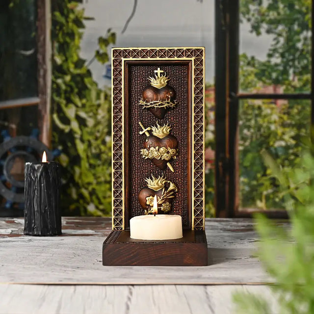 Porta-Velas Três Sagrados Corações em Madeira Maciça em detalhes