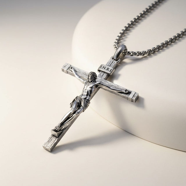 Acabamento e corrente do Colar Crucifixo de Jesus Cristo em Prata 925