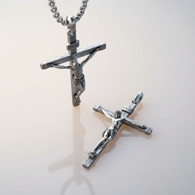 Detalhes religiosos do Colar Crucifixo de Jesus Cristo em Prata 925