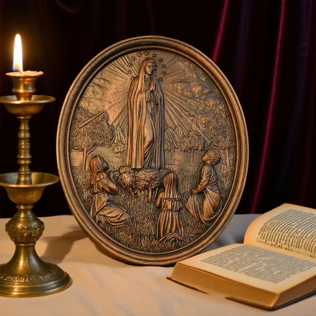 Escultura Nossa Senhora de Fátima em Madeira Maciça com vista aproximada