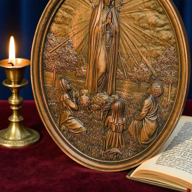 Escultura Nossa Senhora de Fátima em Madeira Maciça com detalhes da madeira