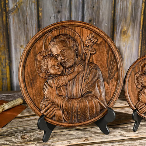 Escultura São José com Menino Jesus em Madeira Maciça