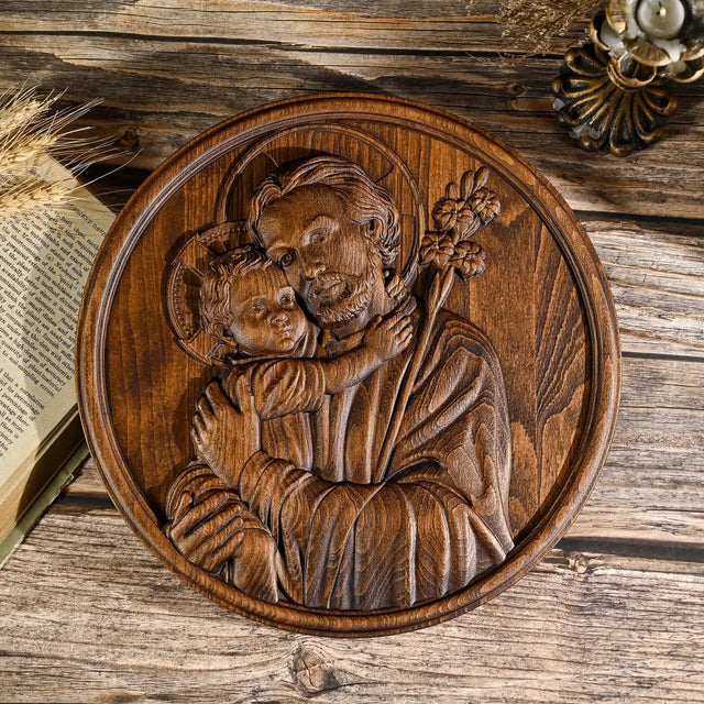Escultura São José com Menino Jesus em Madeira Maciça com vista aproximada