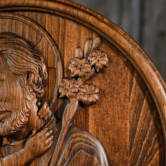 Escultura São José com Menino Jesus em Madeira Maciça com detalhes do relevo