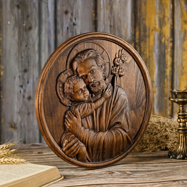 Escultura São José com Menino Jesus em Madeira Maciça com detalhes da madeira