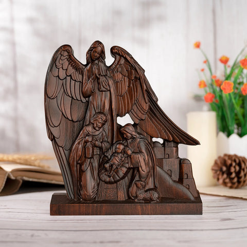 Escultura Sagrada Família com Anjo da Guarda em Madeira