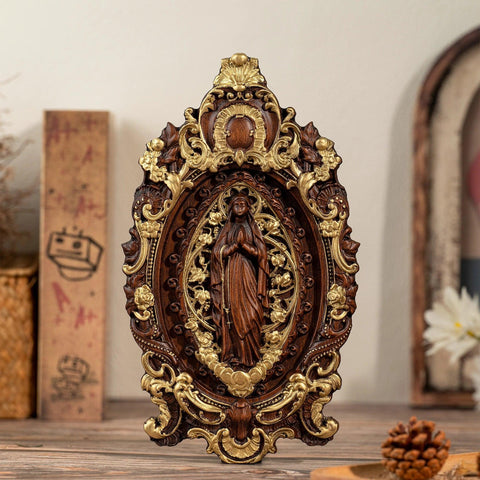 Escultura Nossa Senhora com Folhas em Madeira Maciça