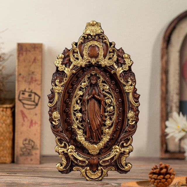 Escultura Nossa Senhora com Folhas em Madeira Maciça