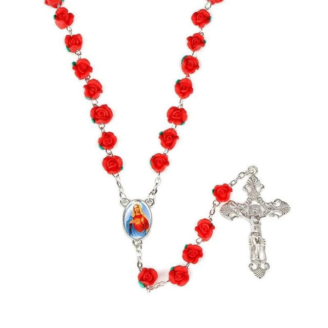 Detalhes religiosos do Terço de Nossa Senhora com Rosas