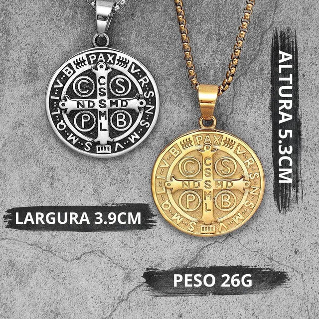 Dimensões e detalhes do Colar Medalha São Bento em Aço Inoxidável 316L