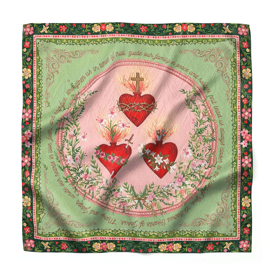 Lenço Católico Quadrado em Seda - Corações da Sagrada Família