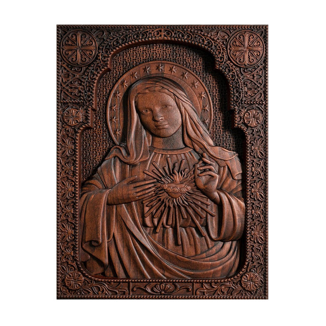 Escultura Imaculado Coração de Maria em Madeira Maciça com detalhes da madeira