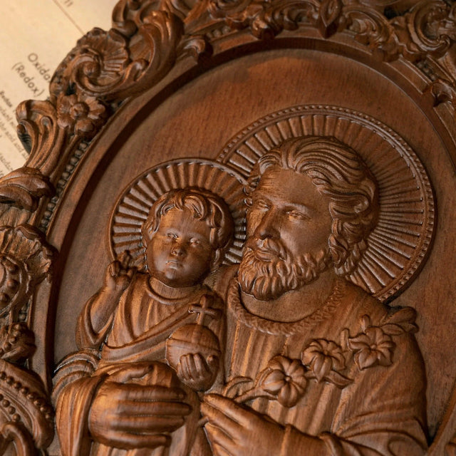 Escultura São José com Menino Jesus em Madeira Maciça com detalhes do relevo