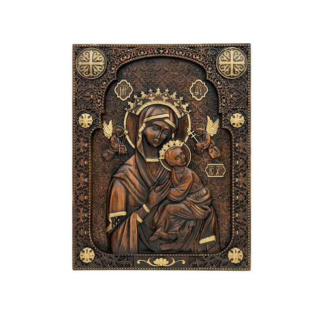 Escultura Nossa Senhora do Perpétuo Socorro em Madeira com detalhes da madeira