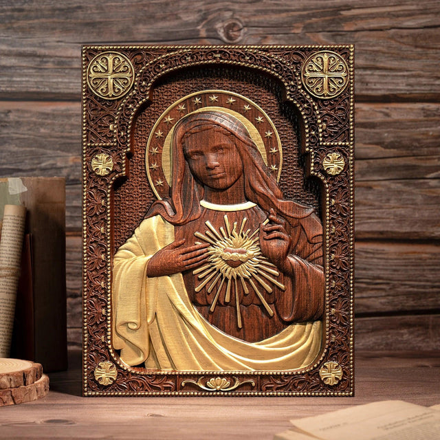 Escultura Imaculado Coração de Maria em Madeira Maciça em detalhes