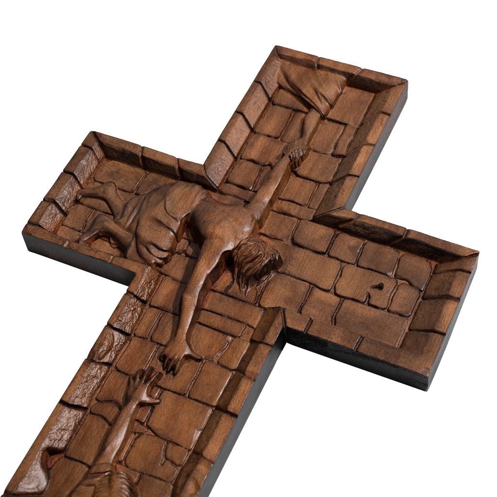 Cruz De Parede Madeira Jesus Salvando Pedro Esculpida À Mão