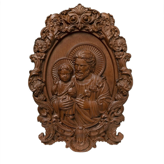 Escultura São José com Menino Jesus em Madeira Maciça em outra perspectiva