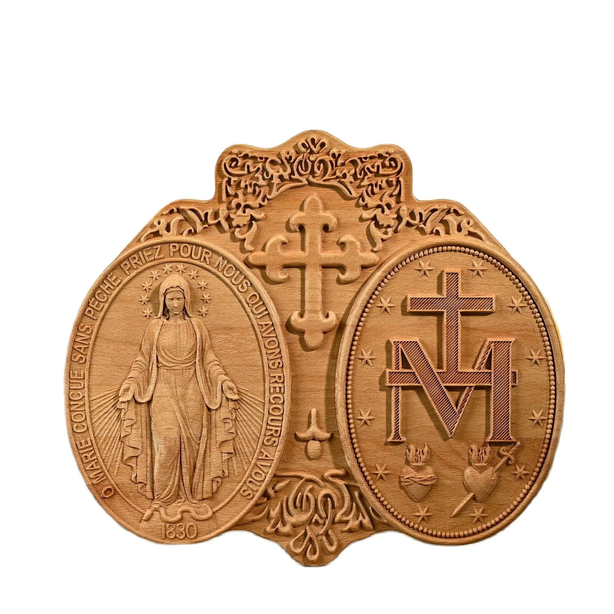 Quadro Medalha Milagrosa em Madeira Maciça com detalhes da madeira