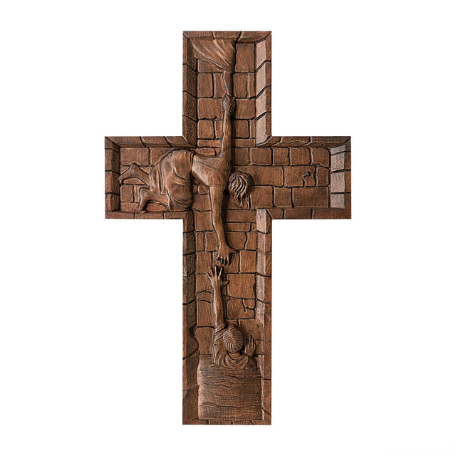 Cruz Jesus Salvando Pedro em Madeira Maciça em apresentação adicional