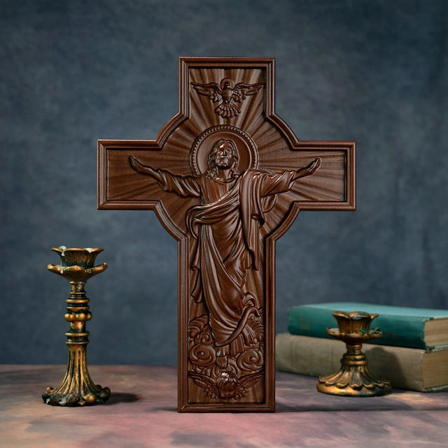 Escultura Ascensão de Jesus Cristo em Madeira Maciça em detalhes