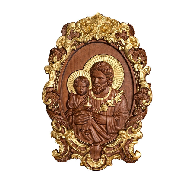 Escultura São José com Menino Jesus em Madeira Maciça com detalhes da madeira