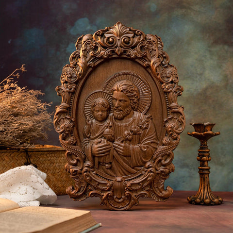 Escultura São José com Menino Jesus em Madeira Maciça