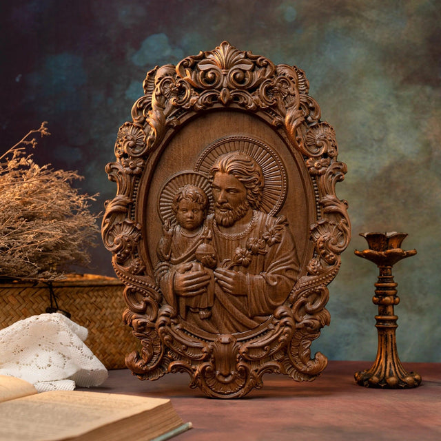 Escultura São José com Menino Jesus em Madeira Maciça