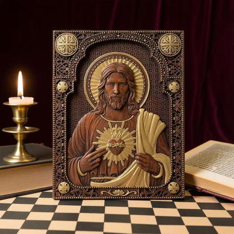 Quadro Sagrado Coração de Jesus em Madeira Maciça