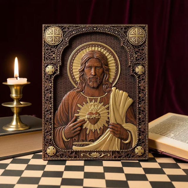 Quadro Sagrado Coração de Jesus em Madeira Maciça