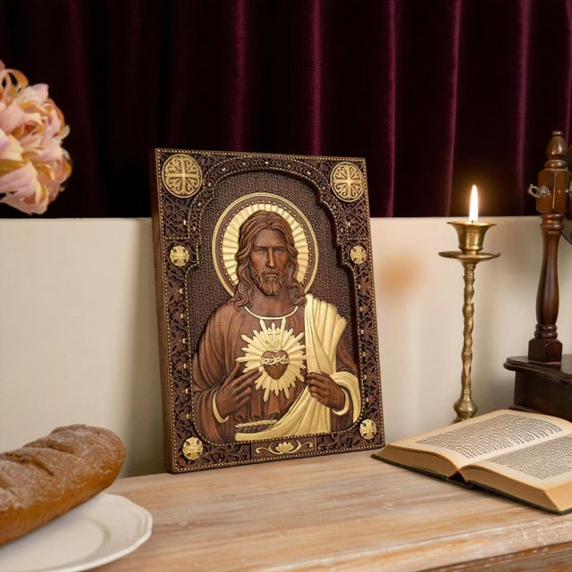 Quadro Sagrado Coração de Jesus em Madeira Maciça com vista aproximada