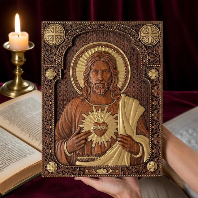 Quadro Sagrado Coração de Jesus em Madeira Maciça em detalhes