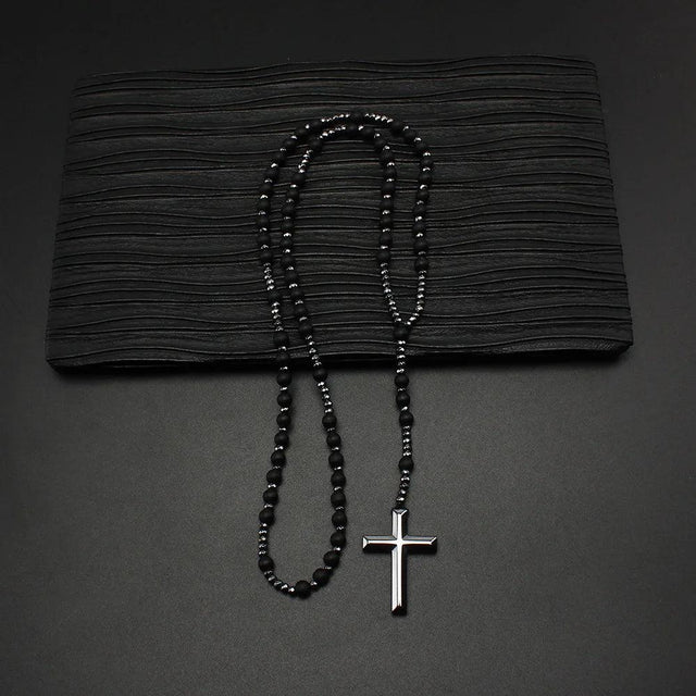 Medalha e crucifixo do Colar Terço Católico em Pedra Preta Fosca
