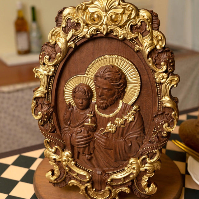 Escultura São José com Menino Jesus em Madeira Maciça com destaque para o acabamento