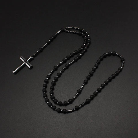 Colar Terço Católico em Pedra Preta Fosca