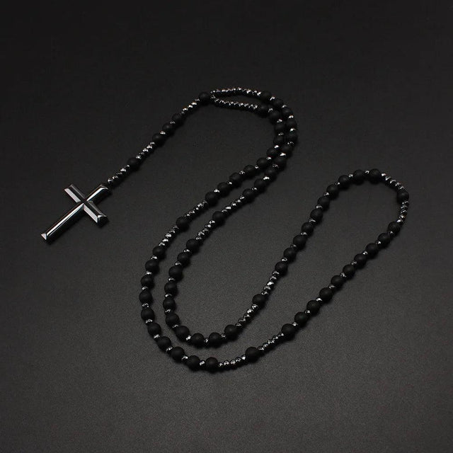 Colar Terço Católico em Pedra Preta Fosca
