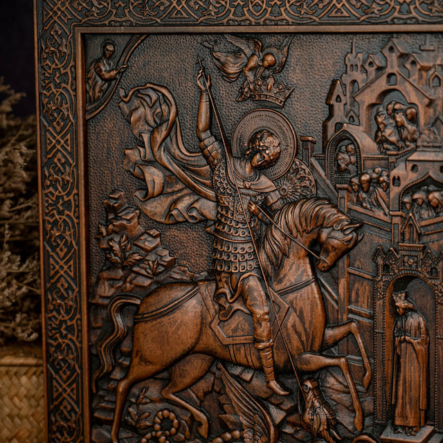 Escultura São Jorge em Madeira Maciça com vista aproximada