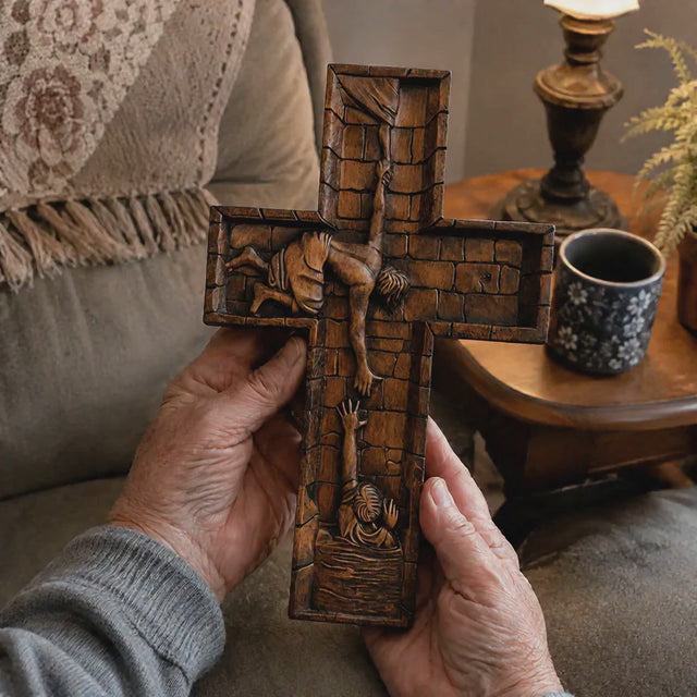 Cruz Jesus Salvando Pedro em Madeira Maciça
