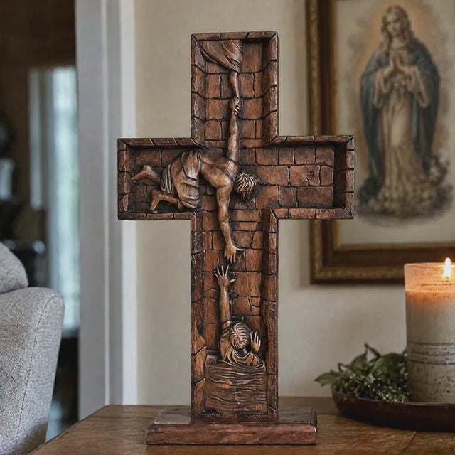 Cruz Jesus Salvando Pedro em Madeira Maciça